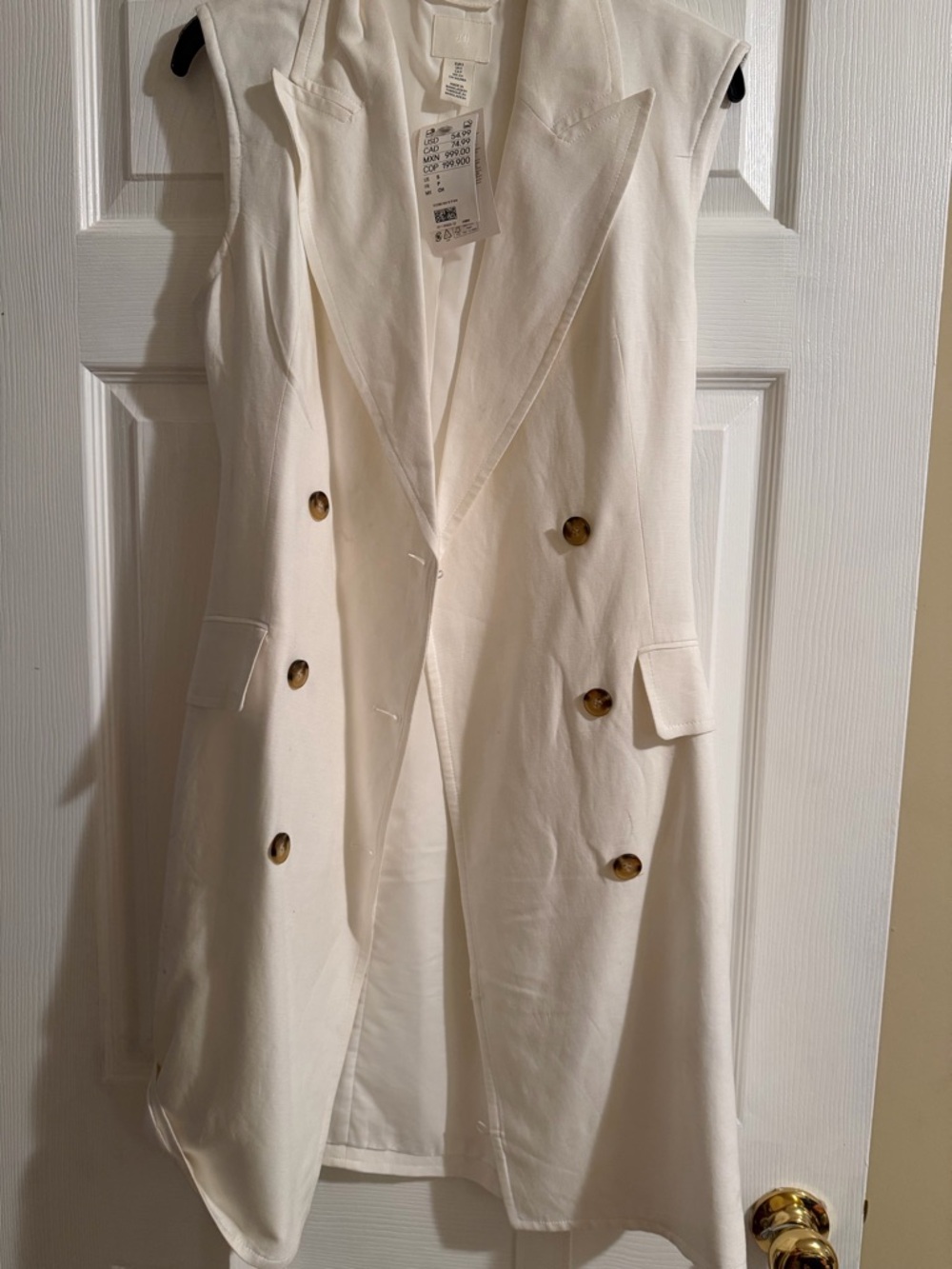 H&M White Sleeveless Double-Breasted Midi Dress with Tortoiseshell Buttonsall